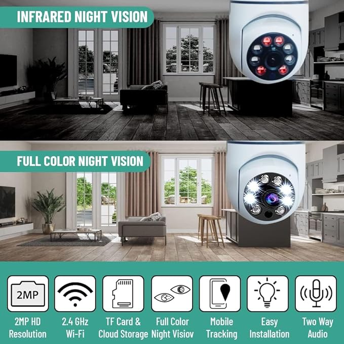 Wireless Home Camera, Light Bulb Camera 360 Degree Full HD 1080P